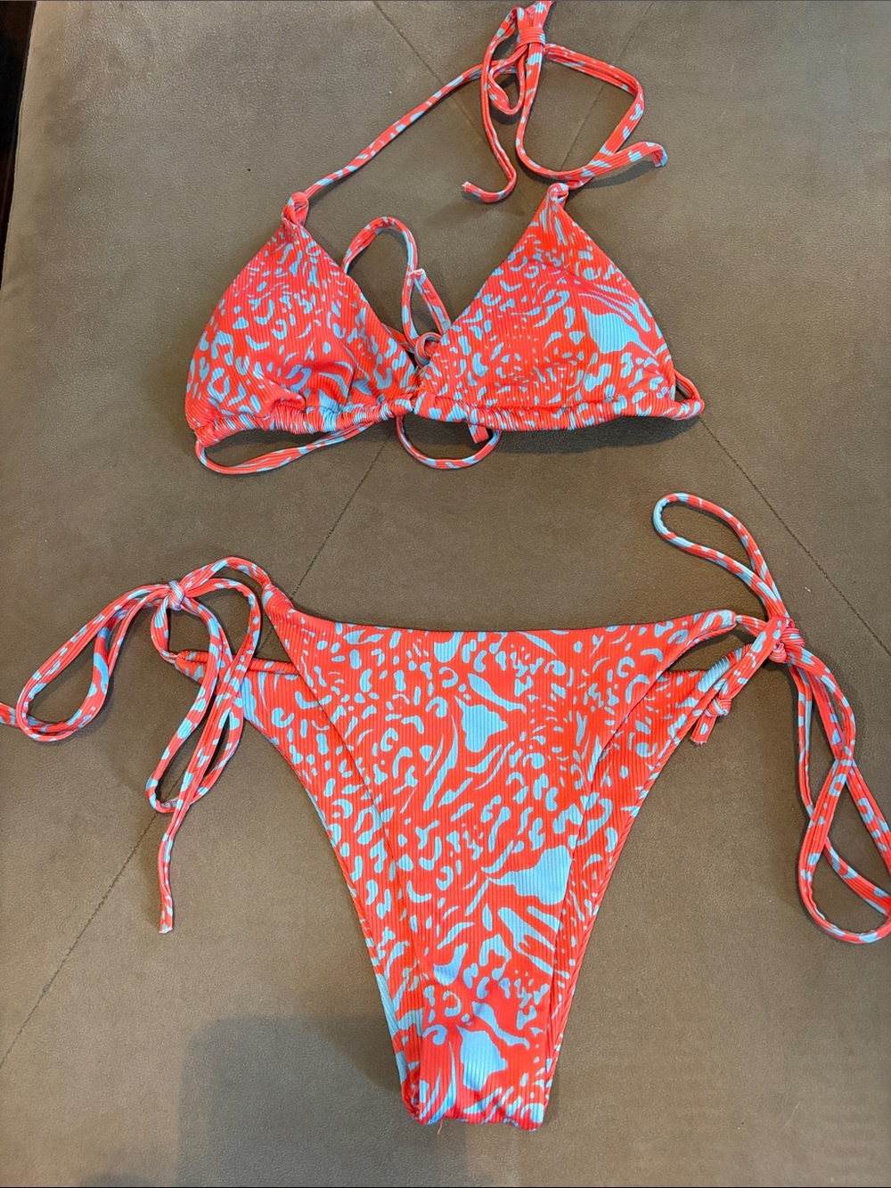 SHEIN Coral & Light Blue Tie-Side Triangle Bikini